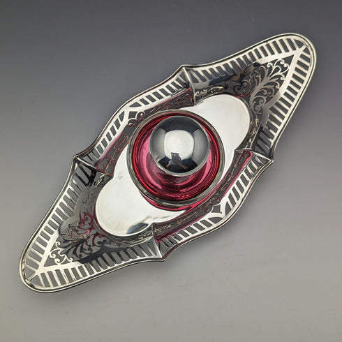 1896 British Antique Sterling Silver Inkwell and Saucer Set Sibray, Hall